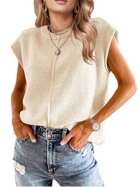 Boho Crochet Sweater Vest Womens Cap Sleeve Crew Neck Western Summer Top Beige